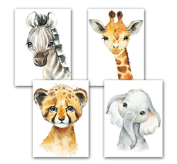 Watercolor Animal Poster A4 Elephant Tiger Cute Cartoon