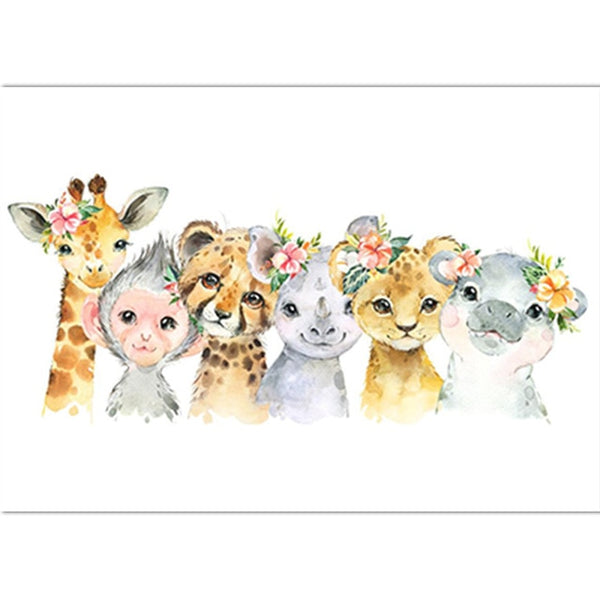 Watercolor Animal Poster A4 Elephant Tiger Cute Cartoon