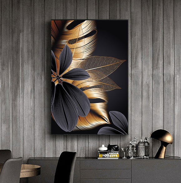 Nordic Black Golden Plant Leaf Poster