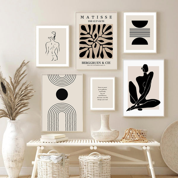 Abstract Matisse Body Line, Leaf Boho and Black Beige Canvas